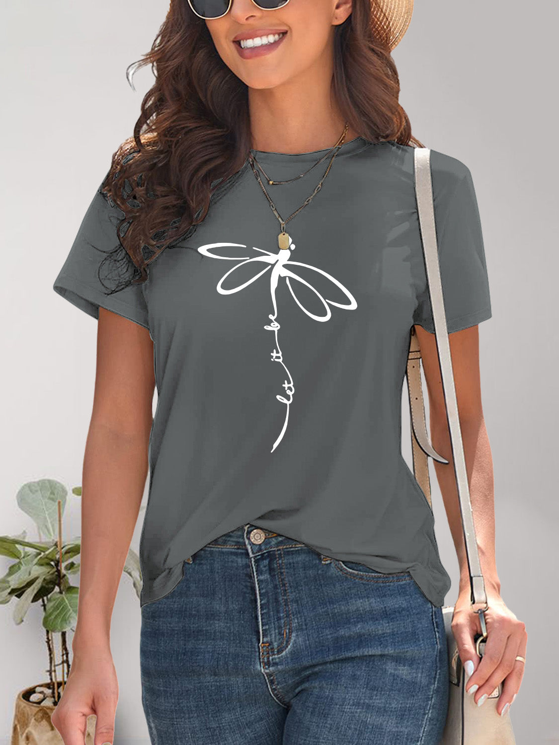 Front view of gray Dragonfly Graphic Round Neck Short Sleeve T-Shirt