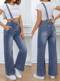 Two views of a person wearing a white crop top and blue denim overalls on a light wooden floor.
