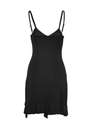 Black slip dress with thin straps on a white background