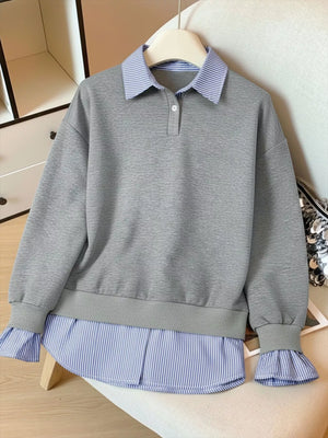 Striped Collar Long Sleeve Fake Two Piece Sweatshirt
