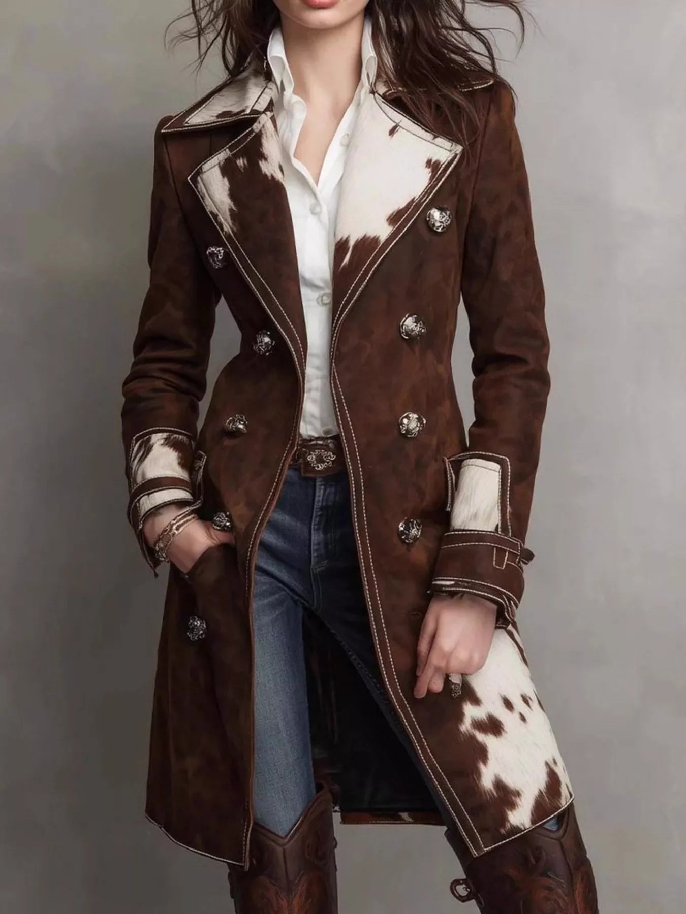 Person wearing a brown coat with cowhide pattern on a gray background