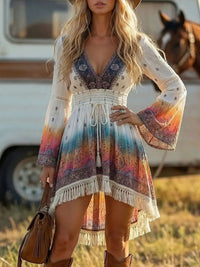 Woman in a colorful dress standing in a field with a horse in the background