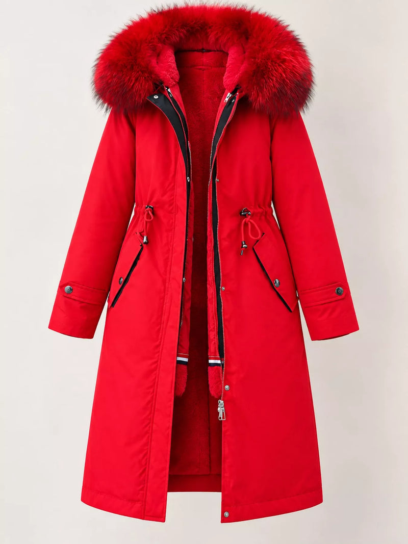 A full view of red Women's Detachable Longline Hooded Parka with Faux Fur Trim and Drawstring Waist on a white backdrop