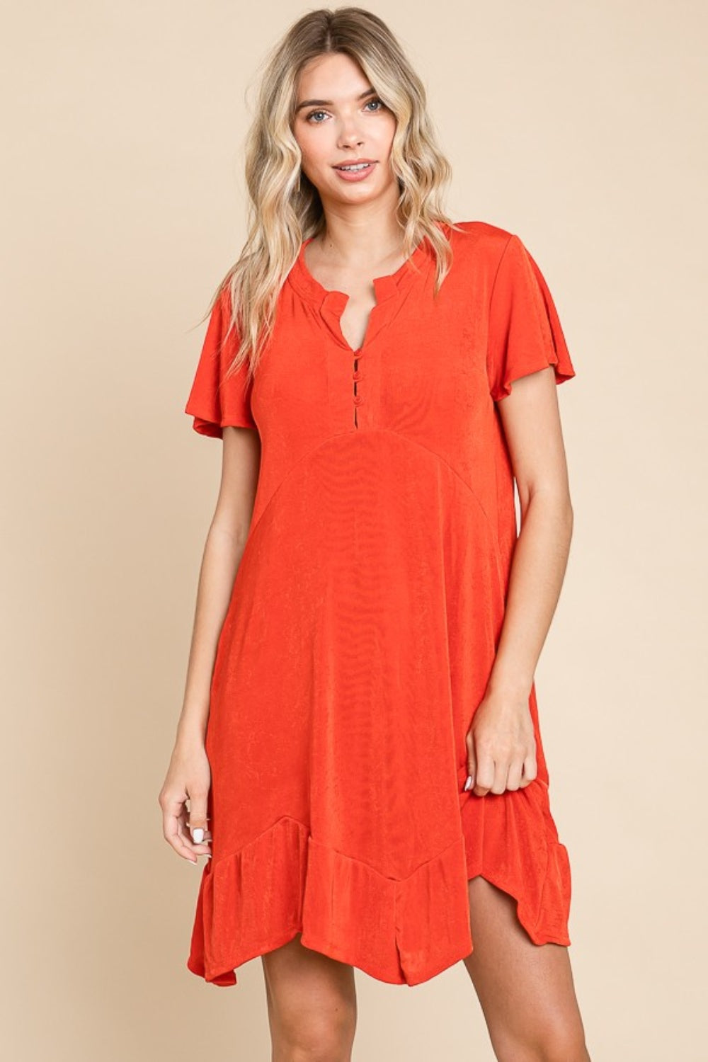 Front view of Culture Code Full Size Short Sleeve Ruffled Asymmetric Hem Dress