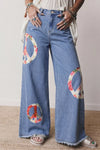 Floral Peace Sign Wide Leg Jeans for Women