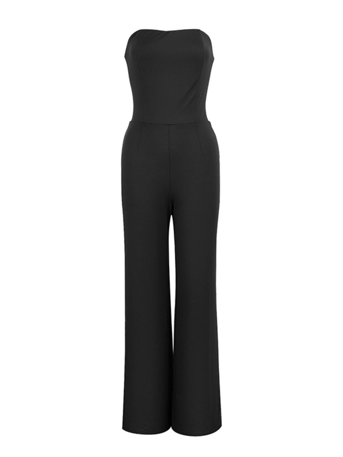 Black strapless jumpsuit on a white background