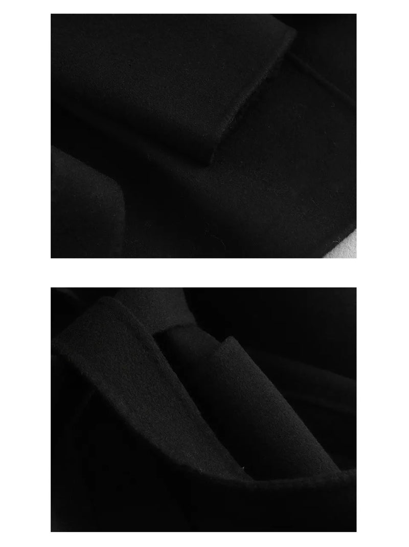 Close-up detail shots of a black fabric garment, showing folded collar or lapel fabric and the interior lining.