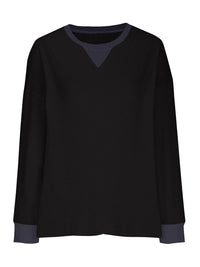 Black long-sleeve shirt with blue trim on a white background