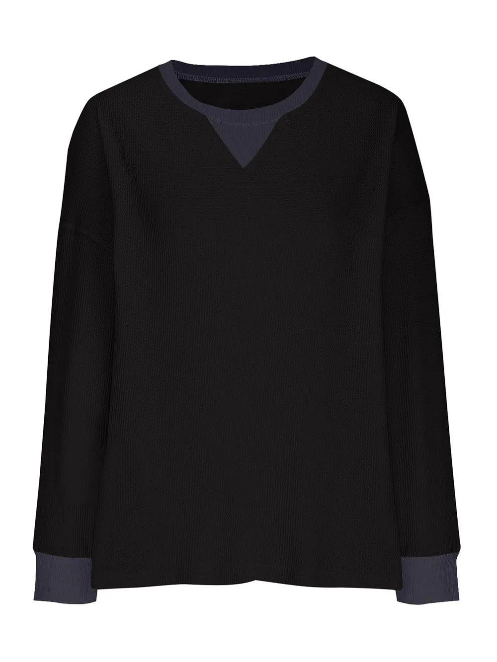 Black long-sleeve shirt with blue trim on a white background