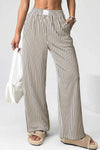 Stripe Elastic High Waist Pocketed Loose Pants