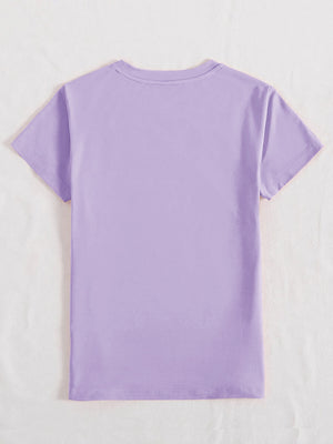 Back view of purple Graphic Round Neck Short Sleeve T-Shirt