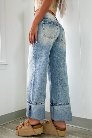 Back view of Washed Wide Leg Jeans with Pockets