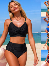 Woman in a black bikini on a beach with ocean view