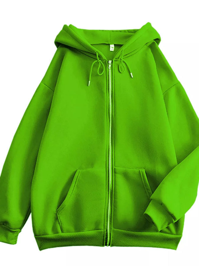 A bright lime green zip-up hoodie with a drawstring hood and front kangaroo pockets, shown against a plain white background.