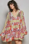 POL Striped Floral Long Sleeve Mini Dress with Pintuck Detail