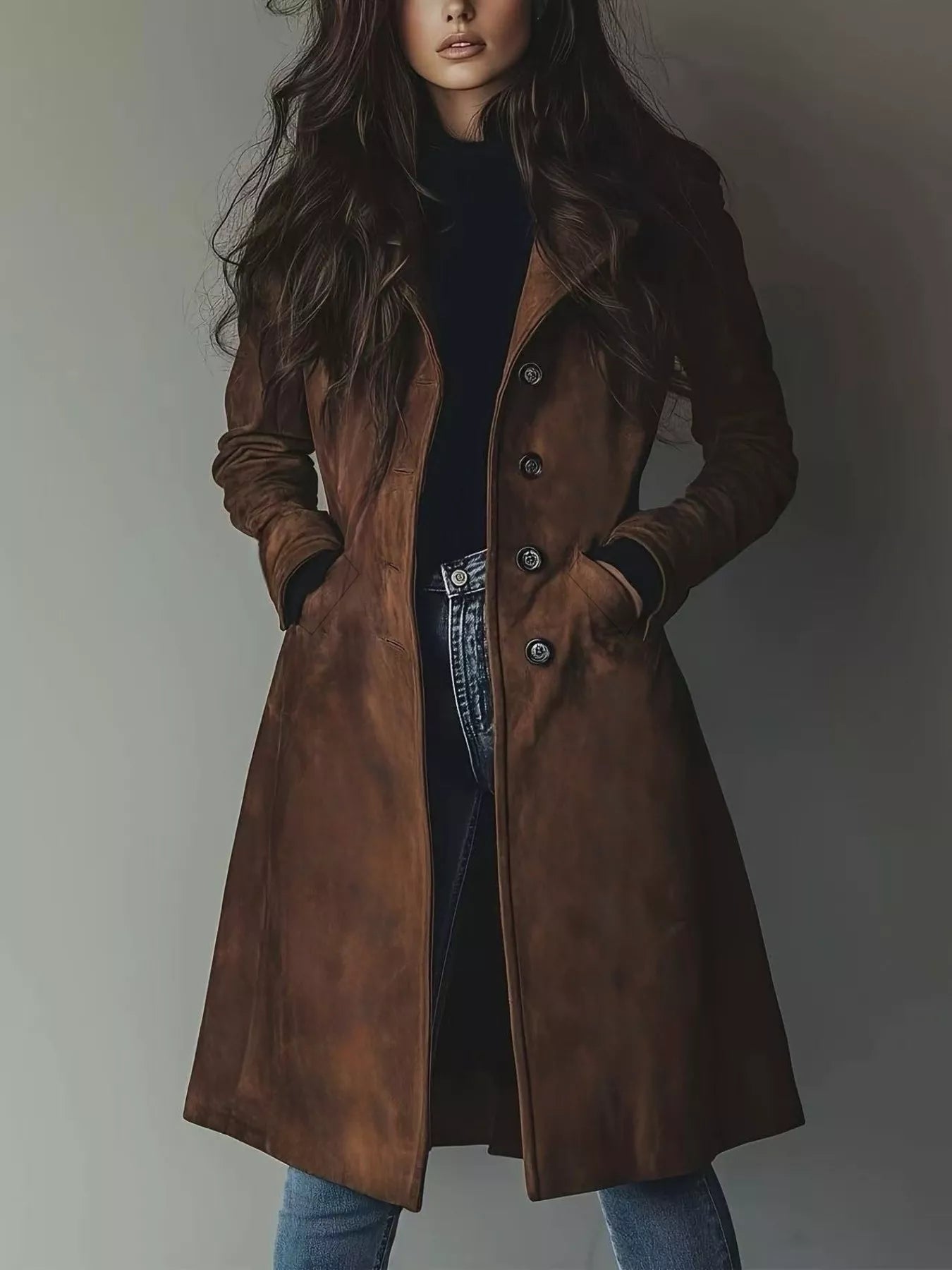 Person wearing a brown coat against a plain background