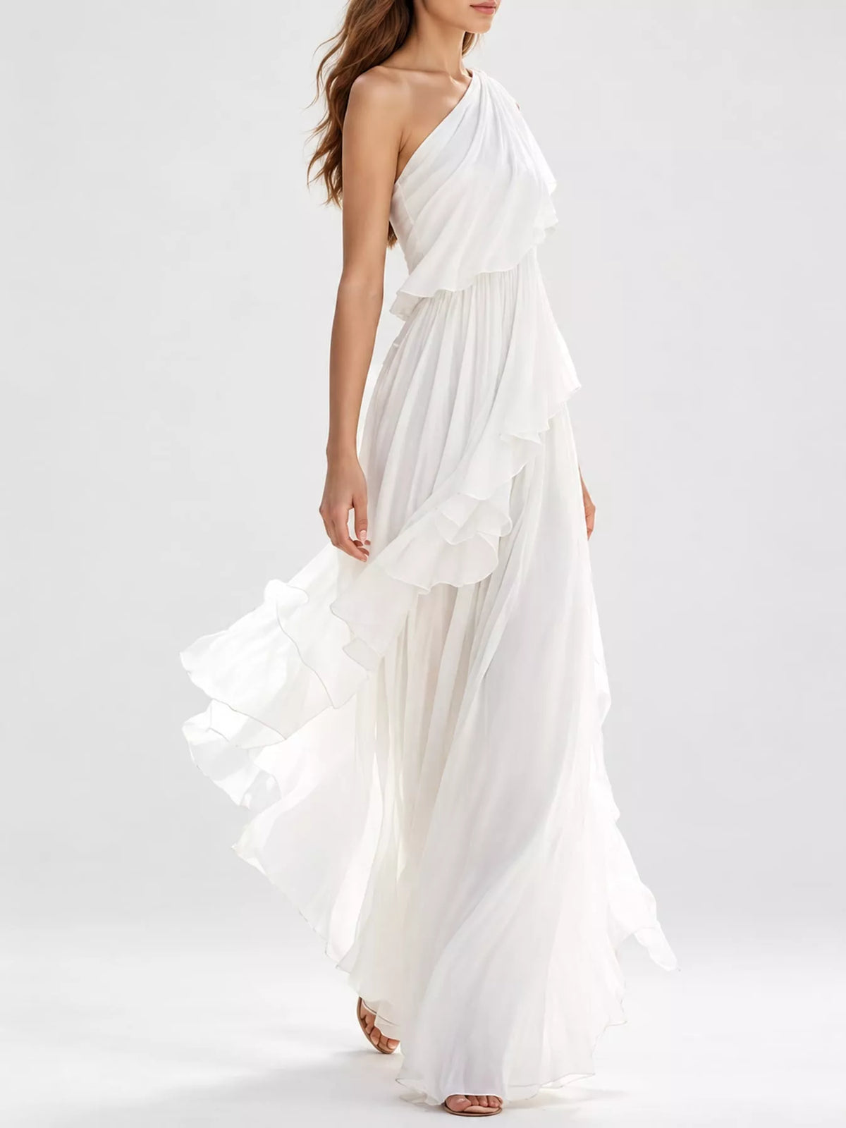 Woman showing a left side view of One-Shoulder Ruffled Chiffon Maxi Dress