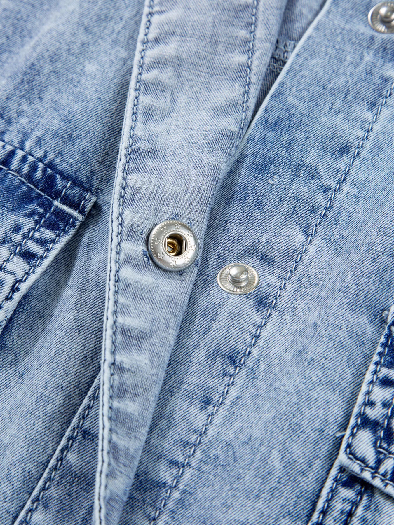 Close-up of a blue denim jacket with buttons