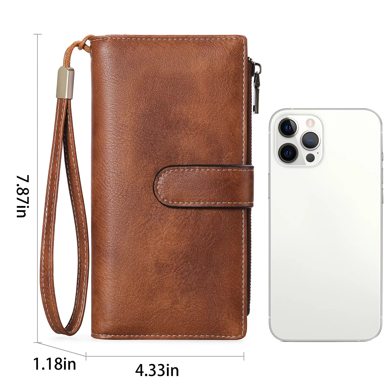 Brown phone wallet case with measurements and an iPhone 11 Pro Max for scale on a white background