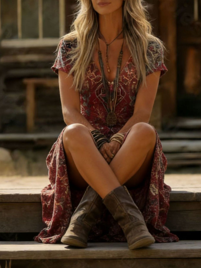 Woman in a patterned dress and boots sitting on steps outdoors