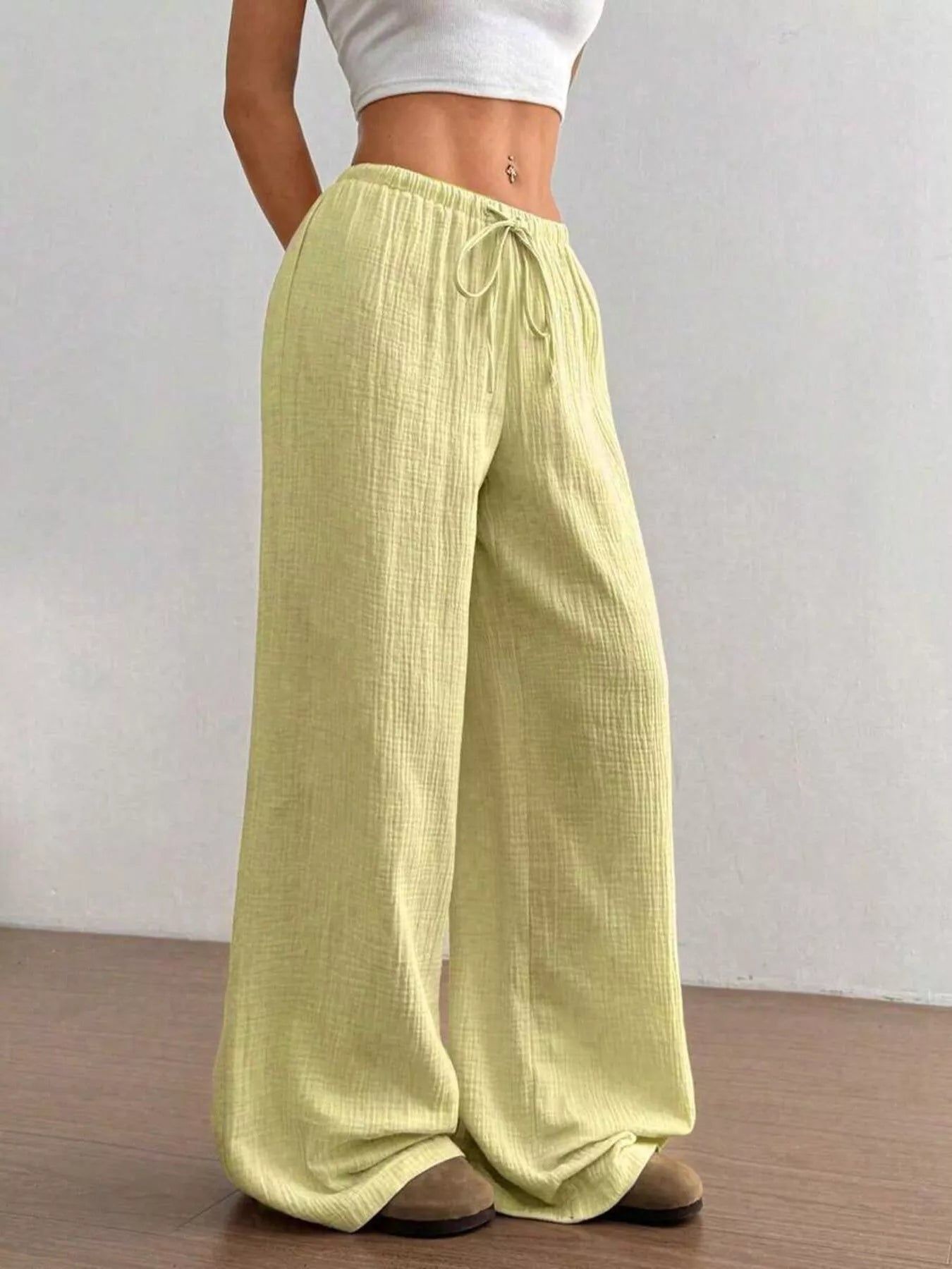 Front view of light yellow Full Size Drawstring Wide Leg Pants Plus Size