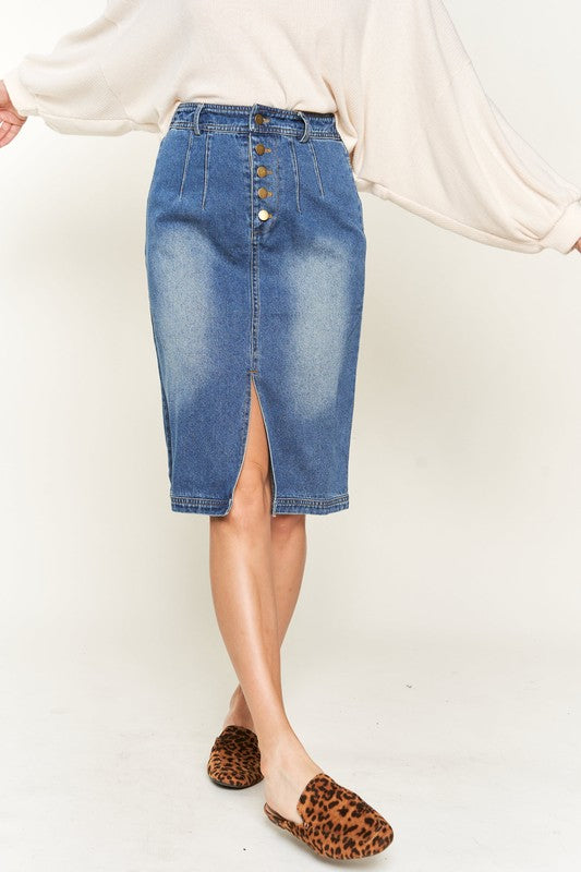 Front view of Denim button down front midi skirt 