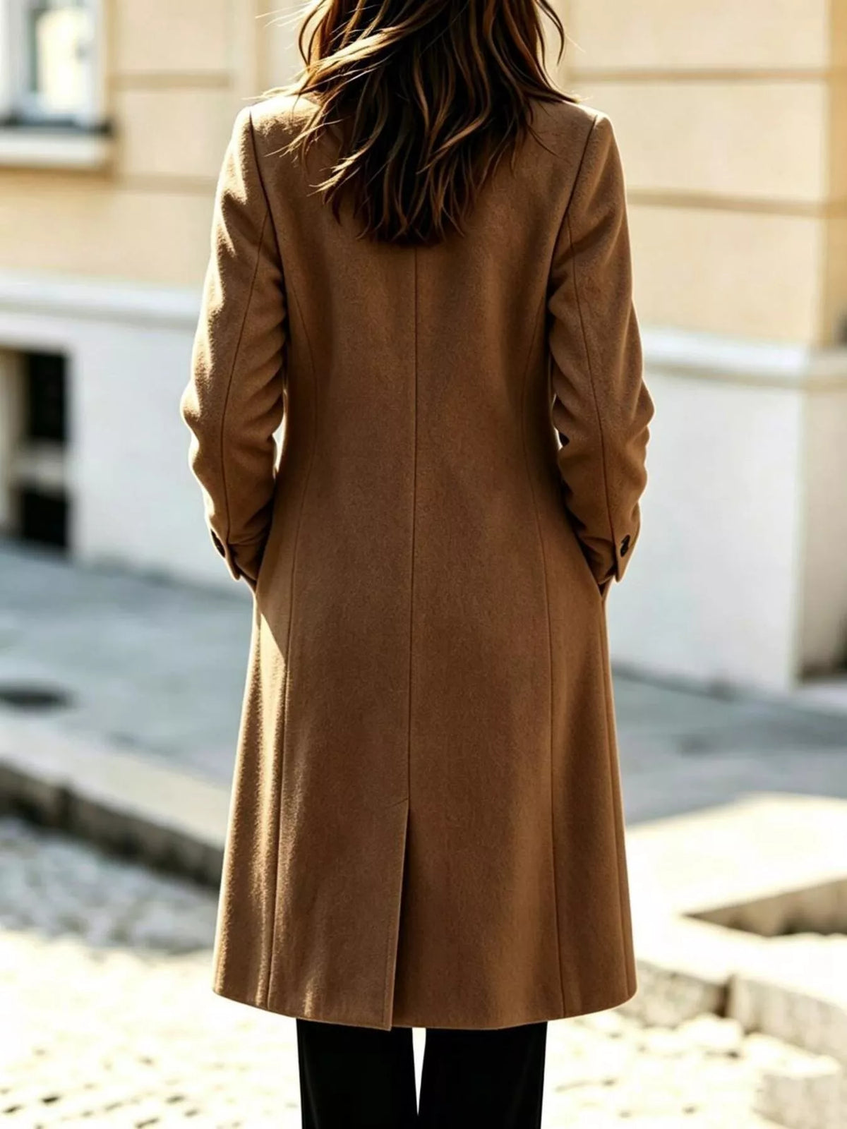 View of Double-Breasted Lapel Collar Coat from back