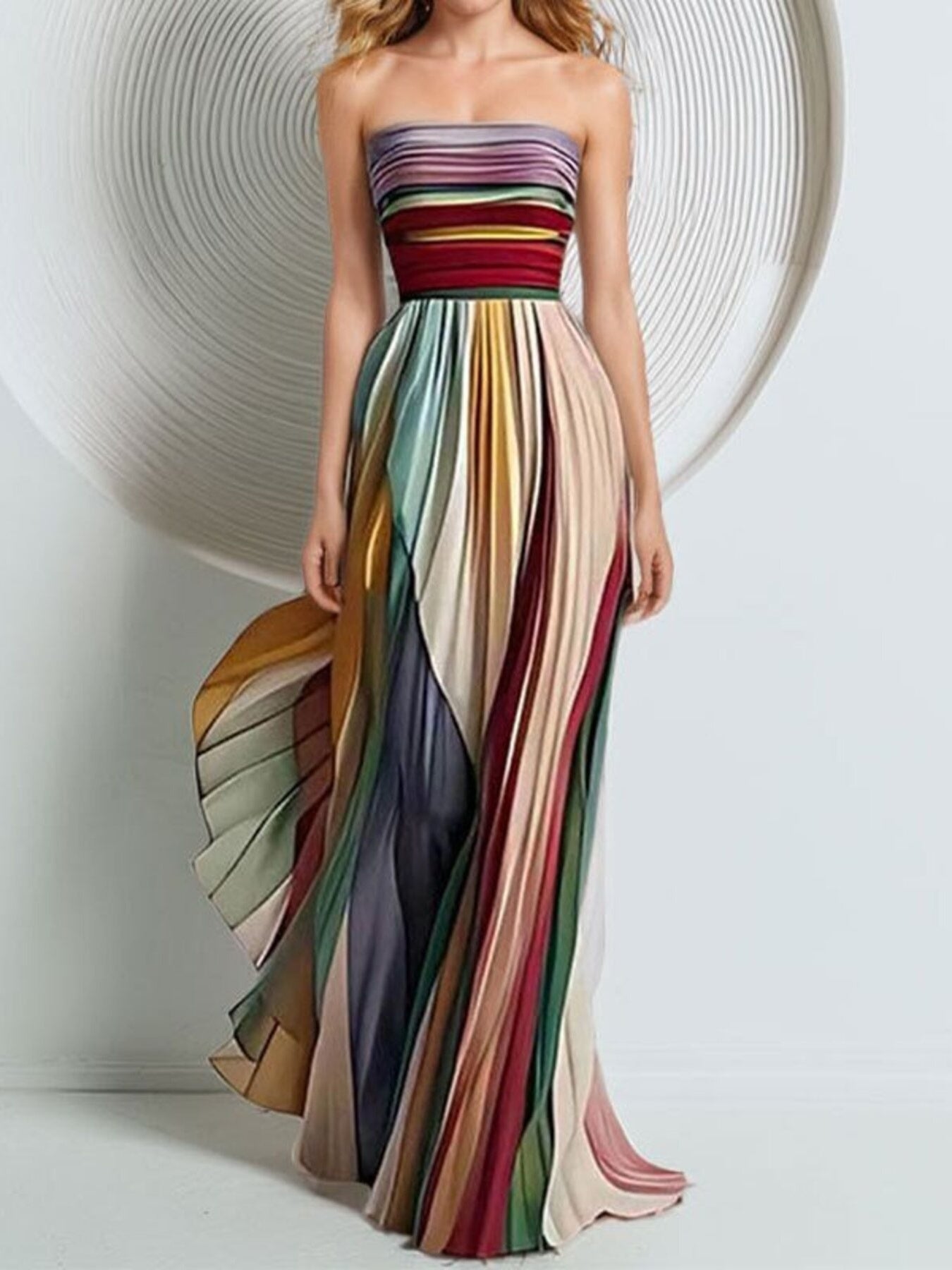 Multicolored strapless dress with a white background