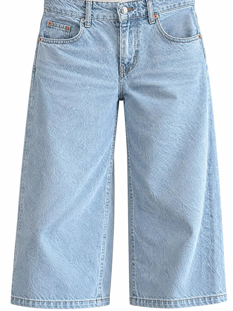 Light blue denim cropped pants with a wide-leg fit, featuring five-pocket styling and a button closure.