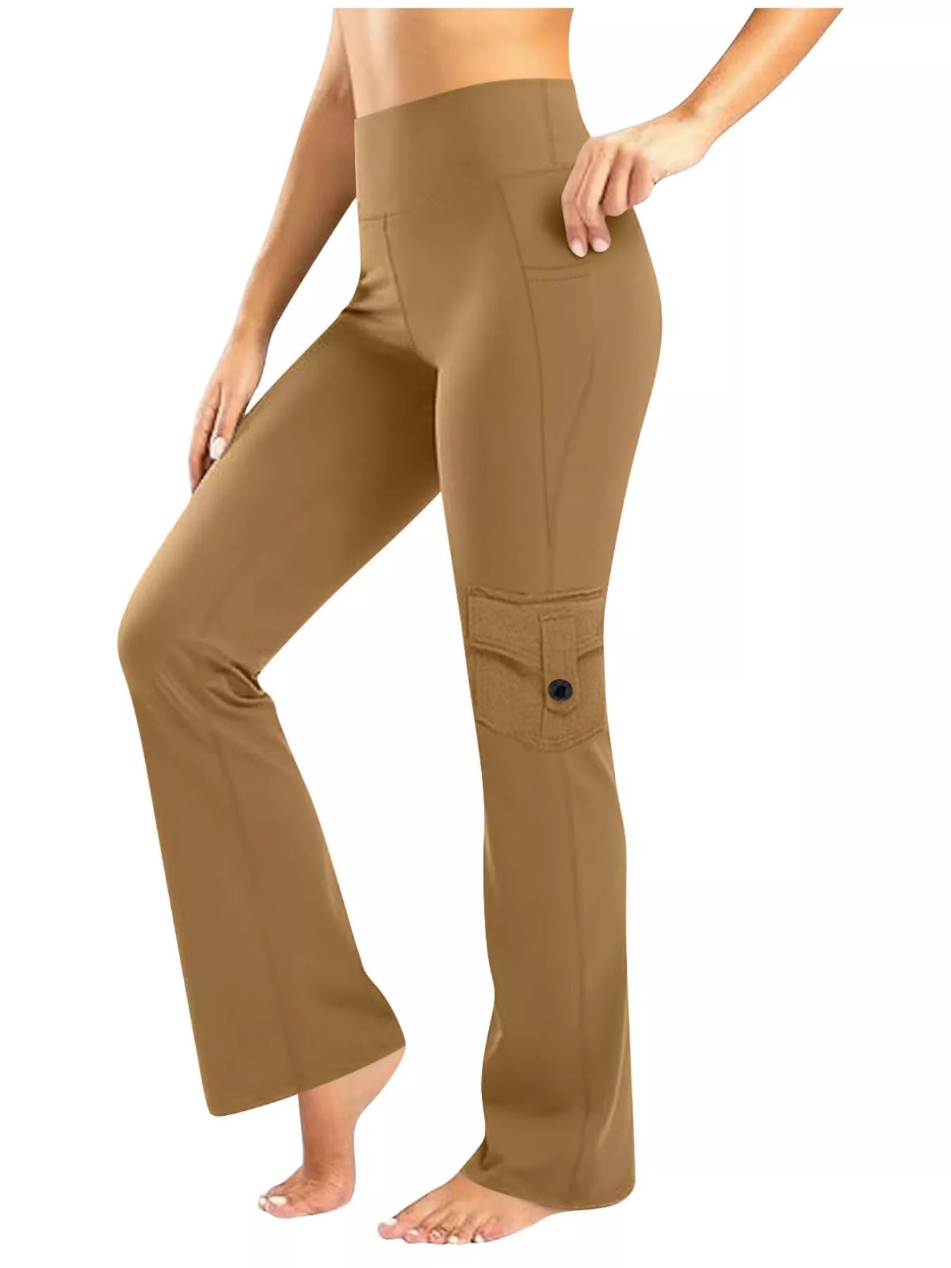 Brown pants worn by a person on a white background