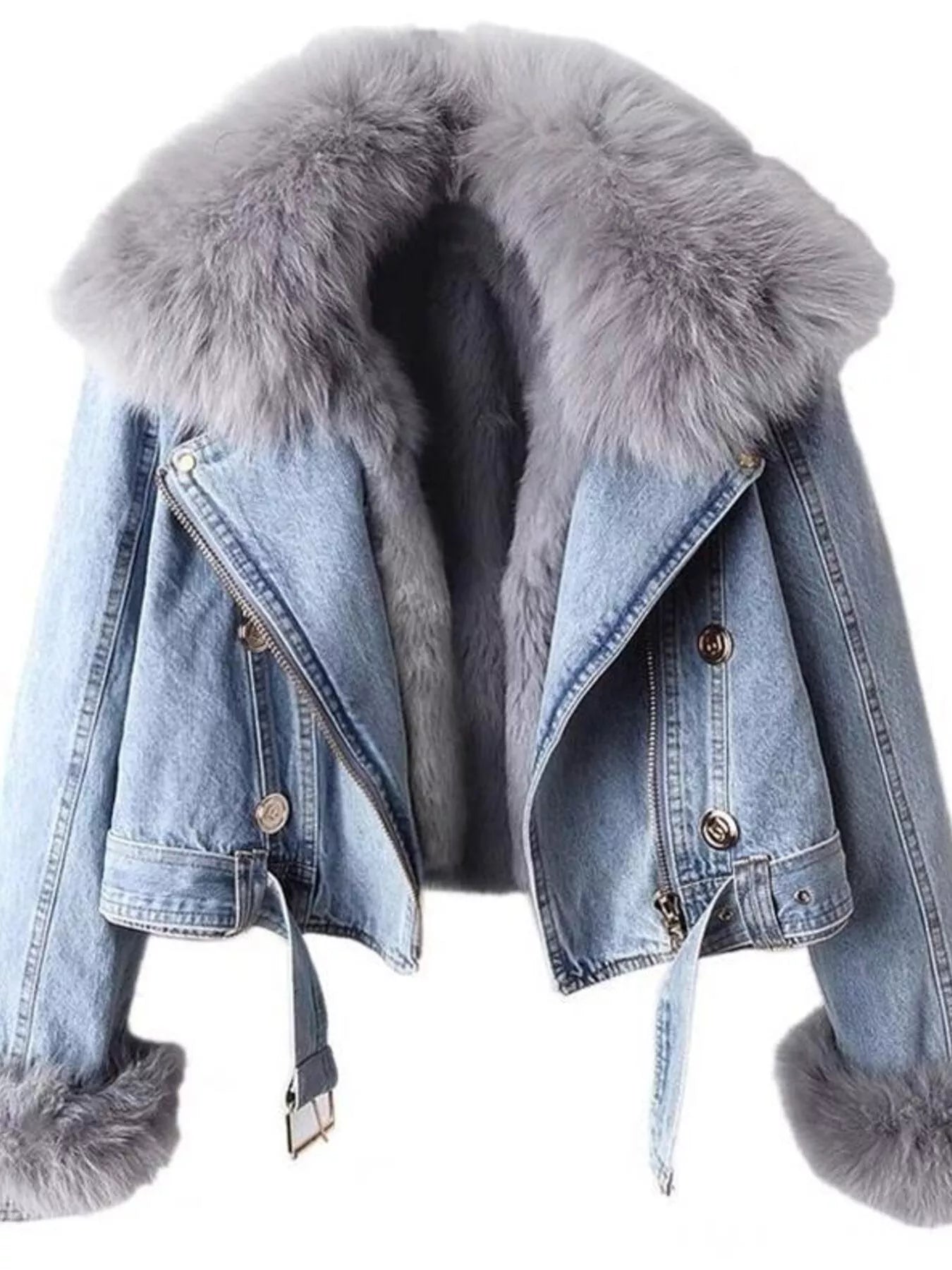 Denim jacket with fur trim on a white background
