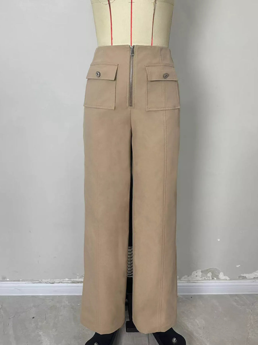 A pair of beige wide-leg trousers displayed on a dress form mannequin, featuring a front zipper, two flap pockets with button details, and a split front seam.