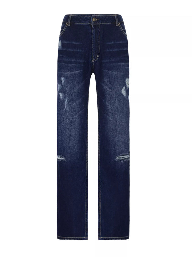 Pair of dark blue jeans with slight distressing on a white background