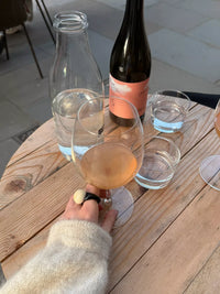 Person holding a glass of rosé wine on a wooden table with a bottle and other glasses.