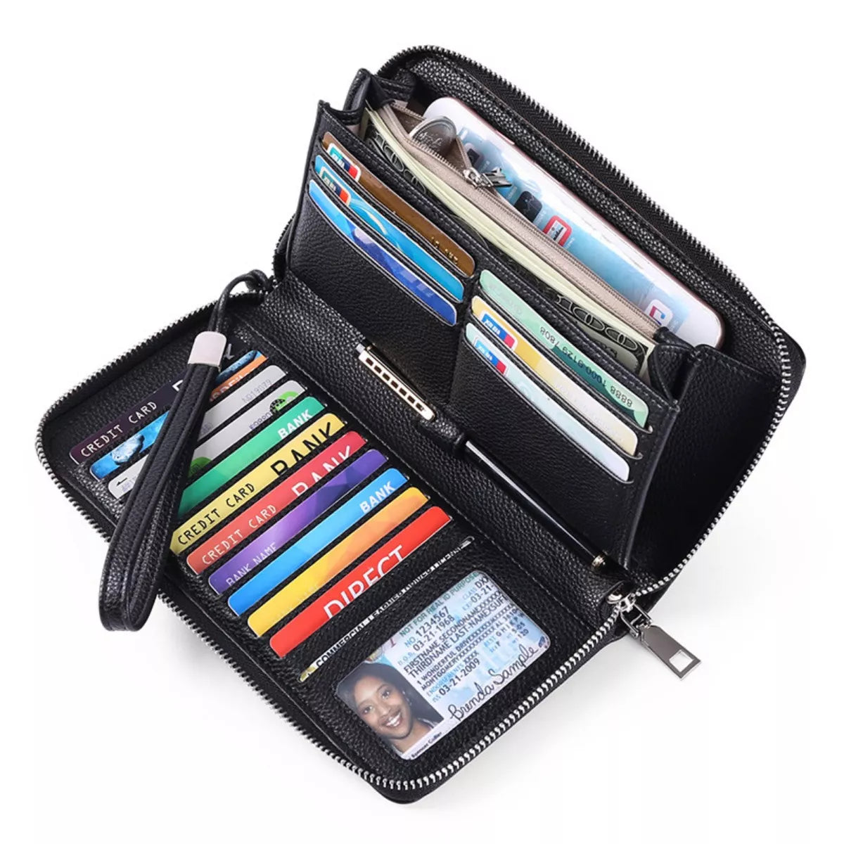 Black wallet with multiple card slots and an ID window on a white background