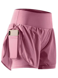Pink athletic shorts with a pocket on a white background