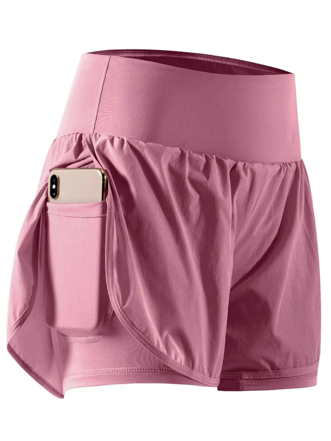 Pink athletic shorts with a pocket on a white background