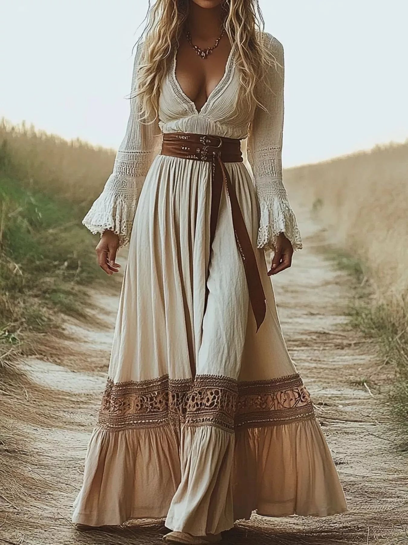 Woman wearing a long, flowing dress with a belt in a natural setting