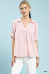 Umgee Pinstripe V-Neck Ruffle Sleeve Blouse For Women