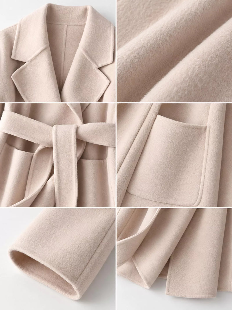 A beige wool wrap coat shown in a six-panel collage highlighting its lapels, tie belt, front pocket, cuff, and soft textured fabric.