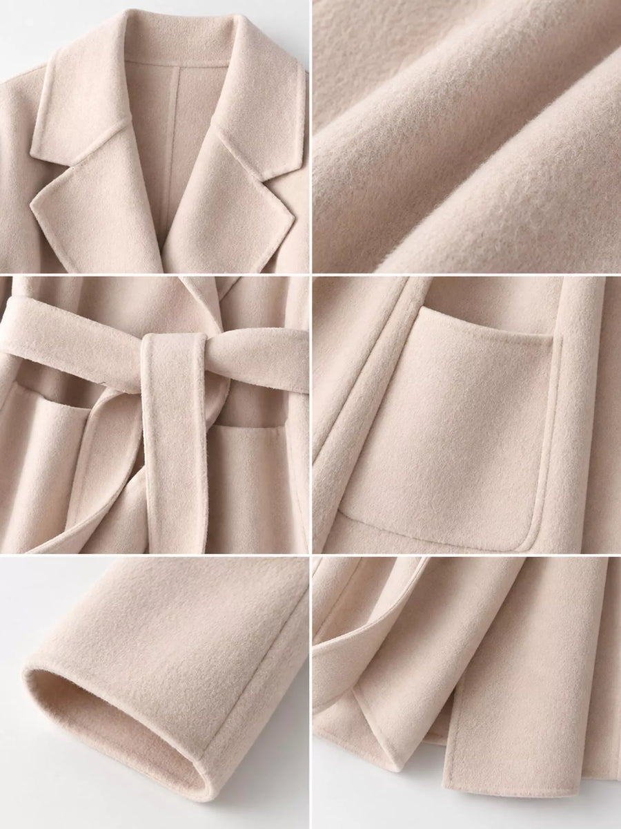 A beige wool wrap coat shown in a six-panel collage highlighting its lapels, tie belt, front pocket, cuff, and soft textured fabric.