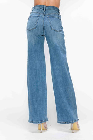 Back view of bytos Full Size High Rise Wide Leg Jeans with Pockets