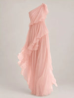 A view of the One-Shoulder Ruffled Chiffon Maxi Dress on a white backdrop