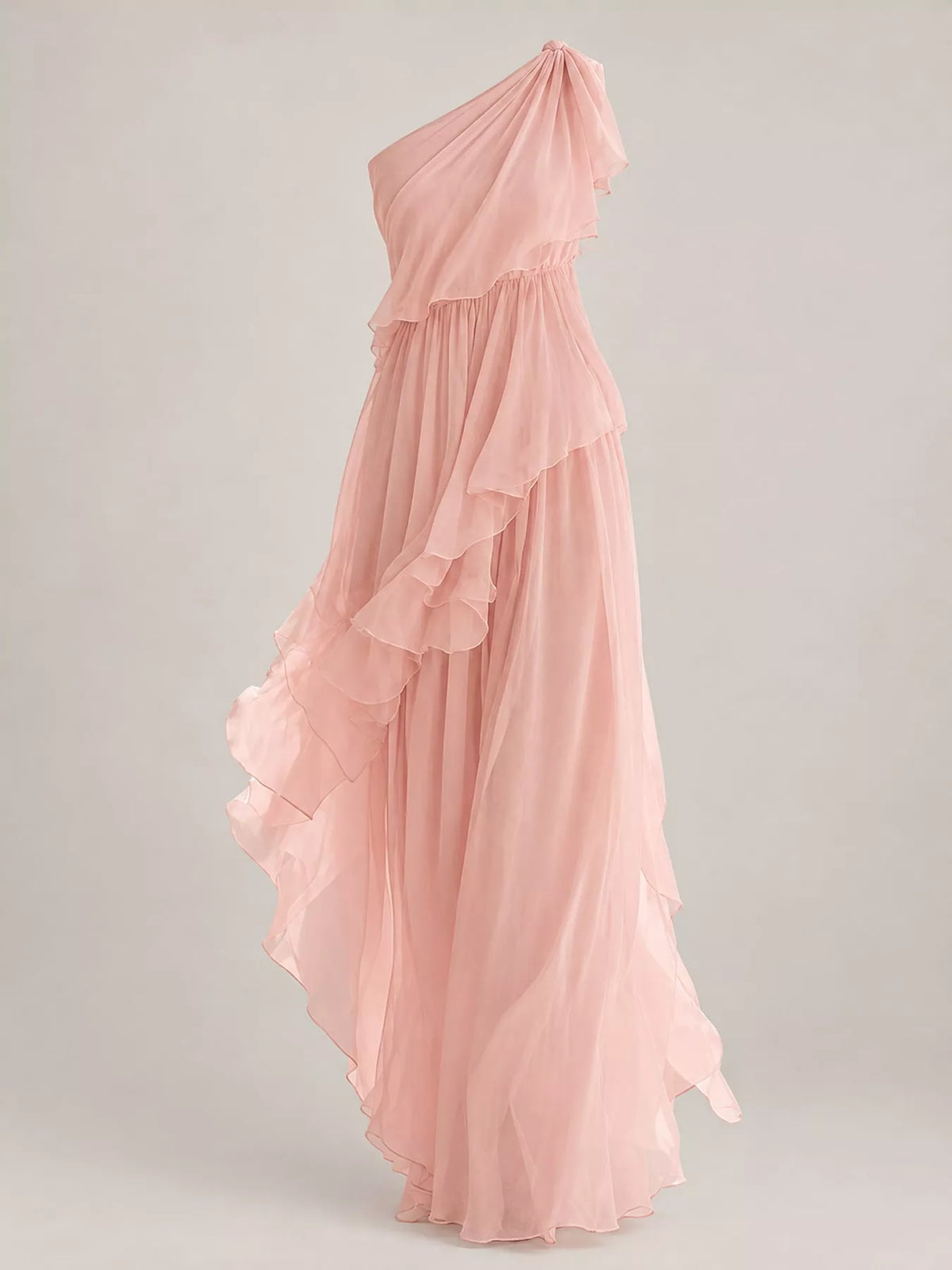 A view of the One-Shoulder Ruffled Chiffon Maxi Dress on a white backdrop