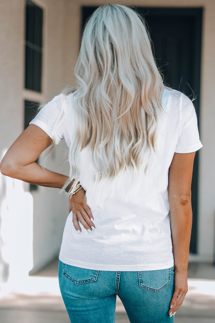 Back view of Letter Graphic Round Neck Short Sleeve T-Shirt