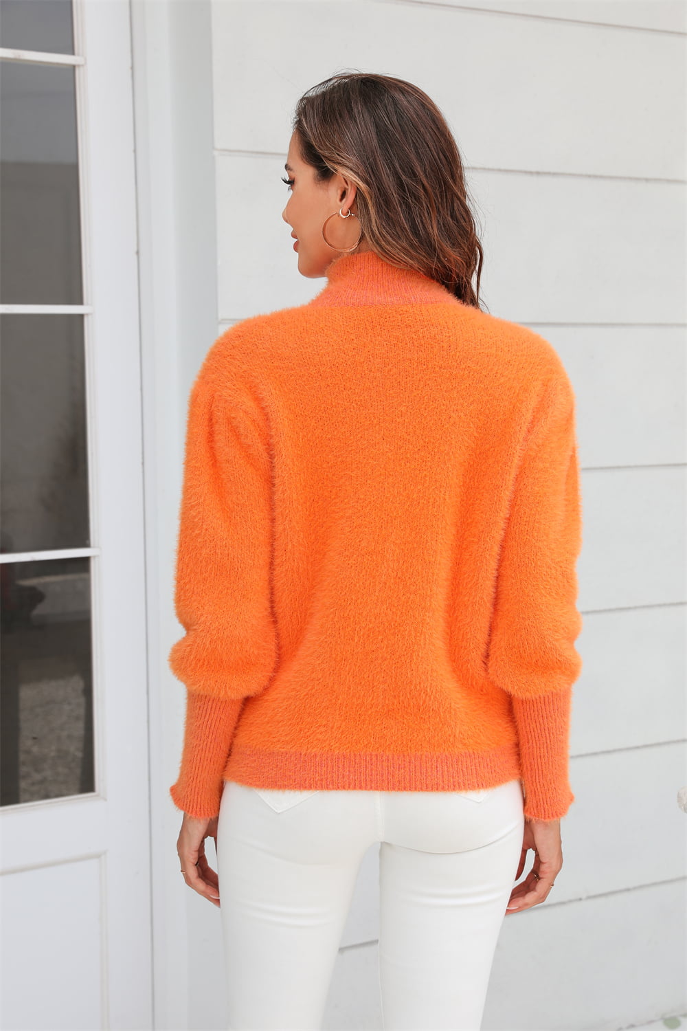 Back of orange Angel Wings Turtle Neck Long Sleeve Pullover Sweater
