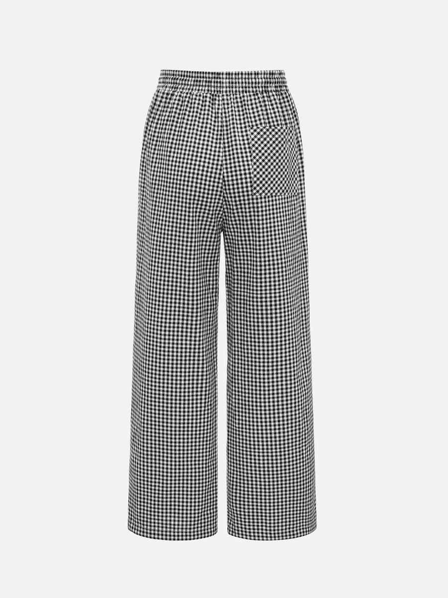 Back view of black High-Waisted Gingham Wide-Leg Drawstring Pants For Women