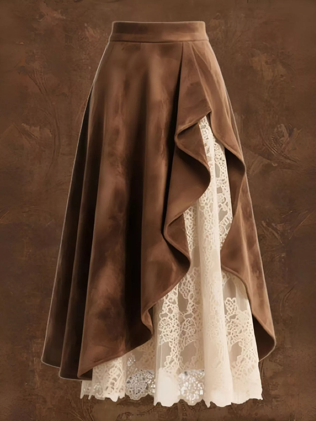 Brown skirt with lace detailing on a brown background