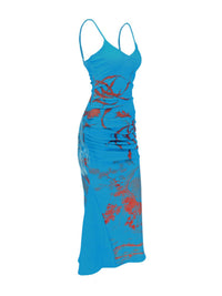 Blue dress with red floral patterns on a white background
