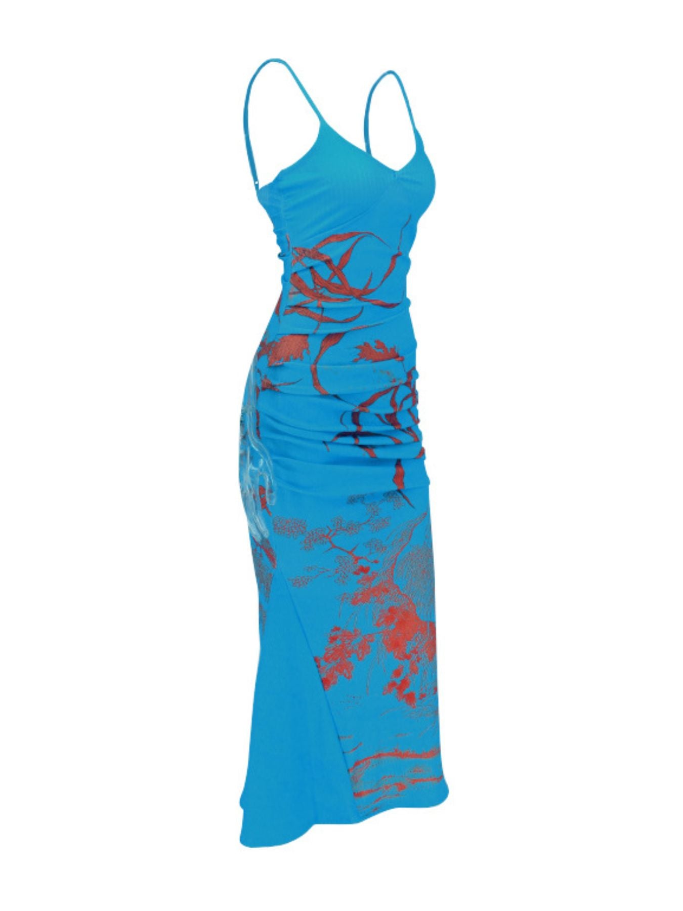Blue dress with red floral patterns on a white background